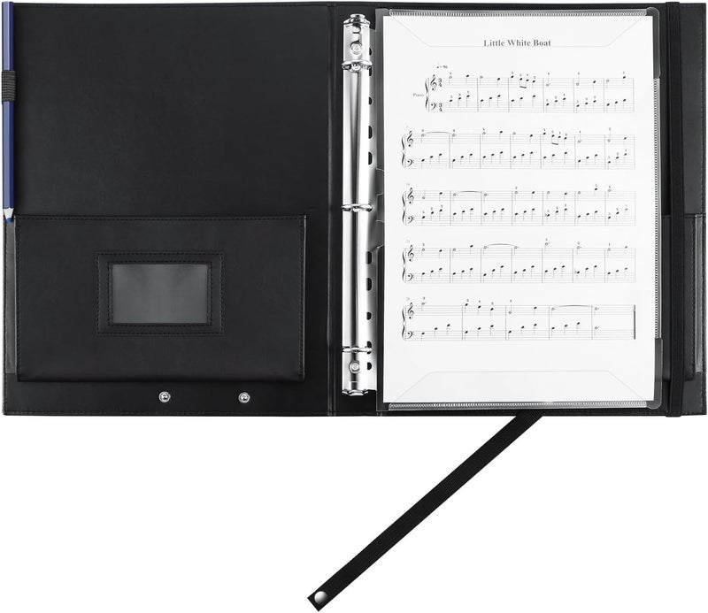 MUQING Large Black Choral Music Folders, 3 Ring Choir Music Binder, PU Choir Music Folder with Hand Strap and Retention Strap for Stage Performance, Piano Playing and Choir Singer - Image 2